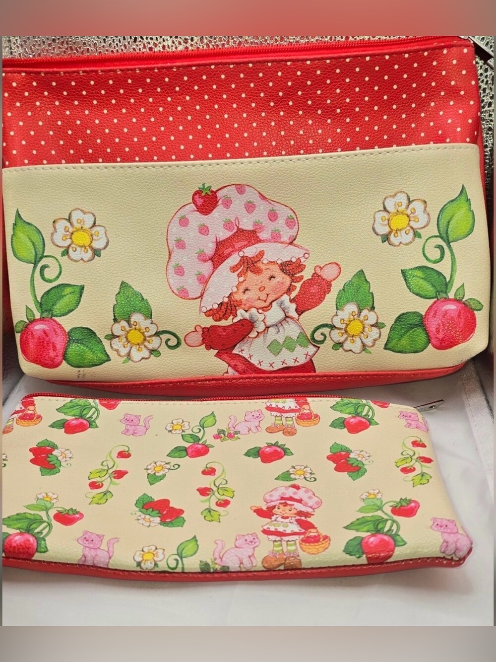 Cream and Pink Strawberry Character Zip Pouch Set